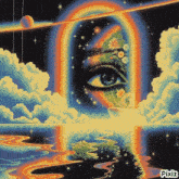 a pixel art of a woman 's eye with a rainbow behind it