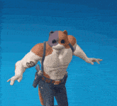 a man with a cat 's head and suspenders holds two guns