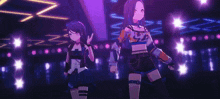 two anime girls are standing next to each other on a stage in front of a crowd .