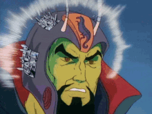 a cartoon character with a purple helmet and a red coat