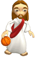 a cartoon of jesus holding a basketball in his right hand