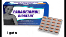 a box of paracetamol biogesic next to a blister pack of pills