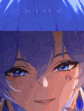 a close up of a person 's face with blue hair and blue eyes
