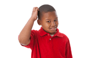 a boy in a red shirt scratches his head