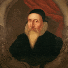 a painting of a man with a beard and a red curtain behind him has the name johnson on it