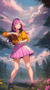 a girl with purple hair is standing in a field of flowers