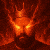 a man with a beard and a crown on his head with flames coming out of his eyes