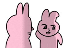 two pink rabbits are standing next to each other and one has a sad look on his face