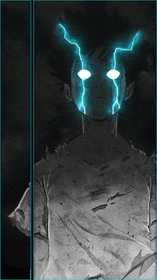 a black and white drawing of a man with lightning bolts coming out of his eyes