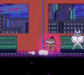 a cartoon of a monkey and a cat sitting on a train