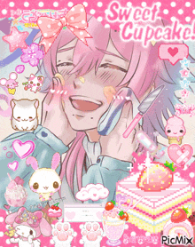 a picture of a girl with pink hair and the words sweet cupcakes on the bottom