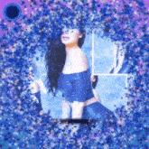 a picture of a woman in a blue top is surrounded by blue and purple stars