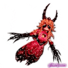 a drawing of a devil with horns and a red dress