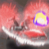 a blurry picture of a red car with a purple and yellow eye