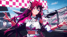 a girl with red hair and blue eyes is standing in front of a checkered wall