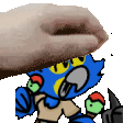 a hand is reaching out towards a blue cartoon character