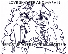 a black and white drawing of two people with the words i love shayfer and marvin