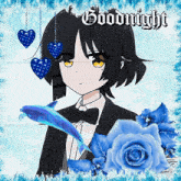 a picture of a girl in a tuxedo with a dolphin and the words goodnight
