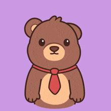 a brown teddy bear wearing a red tie stands with its arms outstretched