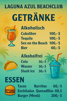 a menu for the laguna azul beach club shows a variety of drinks