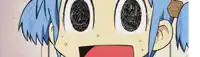 a close up of a cartoon character with blue hair
