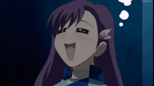 a girl with purple hair is making a funny face with a thought bubble above her head