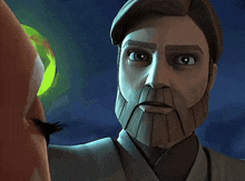 a man with a beard is looking at another man 's face