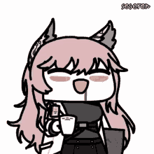 a cartoon of a girl with a cup of coffee in her hand and a bloody nose .