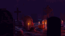 a ghost is flying over a cemetery with pumpkins candles and skulls