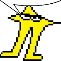 a pixel art drawing of a yellow cartoon character wearing glasses