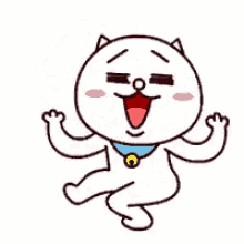 a cartoon cat is dancing with his arms in the air and his tongue out .