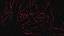 a drawing of a girl with red eyes covering her face with her hands .