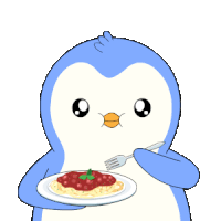 a blue and white penguin is eating spaghetti with sauce and a fork