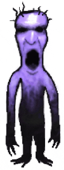 a pixel art of a purple monster with a crown on his head standing on a white background .