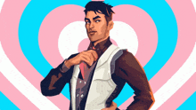 a man is standing in front of a pink and blue heart