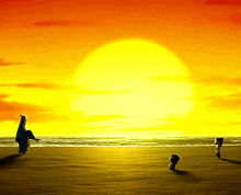 a group of people standing on a beach with the sun shining brightly in the background