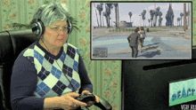 a woman wearing headphones is playing a video game on a computer screen that says beach