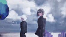 a couple of anime girls standing next to each other in front of a cloudy sky .