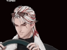 a man with white hair and red stripes is driving a car with his eyes closed .