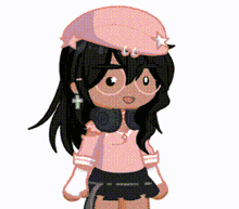 a cartoon girl wearing a pink hat and headphones is standing in front of a white background .