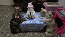 a group of cats sitting around a table with nisa doa and sila written on the bottom