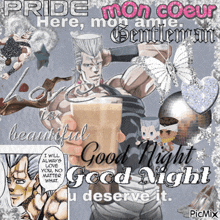 a picture of a man holding a cup of coffee with the caption " pride mon coeur here mon amie gentlemen "