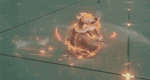 a cartoon character is surrounded by flames in a video game and is being destroyed .