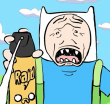 a cartoon character is holding a bottle of raid bug spray