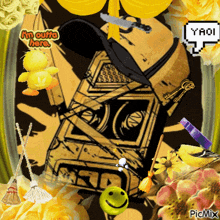 a collage with a yellow duck saying i 'm outa here