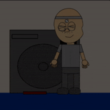 a cartoon character is standing in front of a large speaker