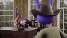 a cartoon character is wearing a cowboy hat and sitting at a desk