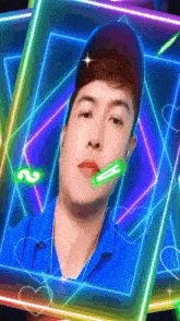a man in a blue shirt is surrounded by neon lights and has a number 2 on his face