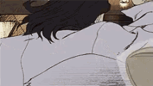 a drawing of a person laying on a bed with a bird sitting on their head .
