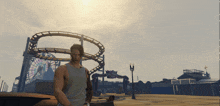 a man is standing in front of a roller coaster and a sign that says cliffside park